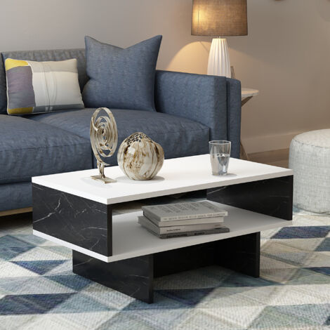 [En.Casa] – Table basse fixe rectangulaire 37 x 80 x 45 cm – Espace de rangement – Panneau de particules blanc / marbre noir – Montage simple (1/5)