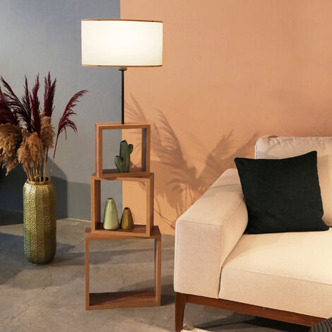 Lampadaire salon avec étagère 140 cm – Douille E27 – Effet bois noir crème – Éclairage moderne pour intérieur – Lux.Pro