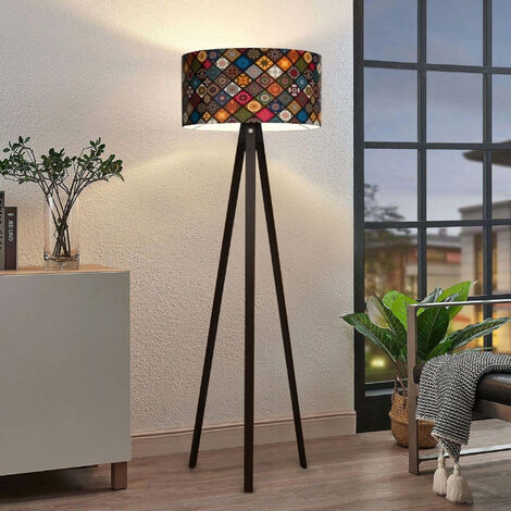 Lampadaire trépied noir multicolore – Abat-jour en tissu 21x38cm – Hauteur 140cm – Câble 200cm avec interrupteur à cordon – Lux.Pro