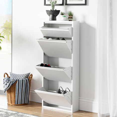 [En.Casa] – Meuble à chaussures blanc 4 tiroirs inclinables – Dimensions 118x50x15cm – Rangement pour 6 paires – Kit de montage mural inclus