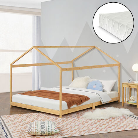 Lit cabane Vindafjord pour enfant 140 x 200 cm avec matelas sommier à lattes bambou naturel [en.casa] (1/5)