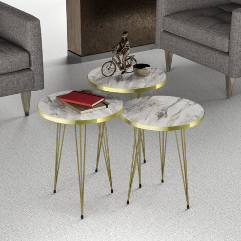 Set De 3 Tables Basses Gigognes Rondes - Verre Trempé Fumé Et MDF Effet Marbre - Pieds Acier Noir - Dimensions 48x80 Cm Et 43x40 Cm