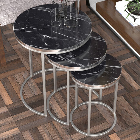Set de 3 tables d'appoint Bornholm rondes gigognes marbre noir argent [en.casa] (1/5)