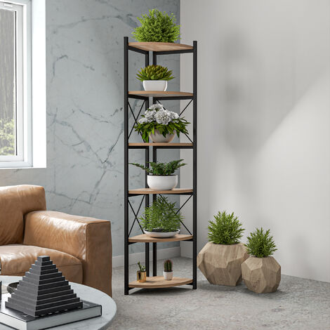 [En.Casa] – Étagère à plantes 6 niveaux 160 x 30 x 30 cm – Structure métal noir – Tablettes en panneau de particules effet bois – Distance entre niveaux 30 cm (1/5)