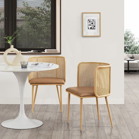 [En.Casa] – Lot de 2 chaises de salle à manger en rotin marron effet bois – Siège rembourré simili – Pieds en métal – Dimensions 75 x 52 x 49 cm (1/5)