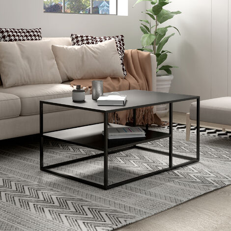[En.Casa] – Table basse rectangulaire 45 x 90 x 60 cm en acier noir mat – Étagère de rangement intégrée – Montage simple et rapide (1/5)
