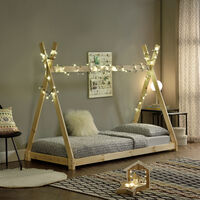Tipi en.casa Lit de Tipi pour Enfant Naturel avec Sommier à Lattes Bois 140x70cm 