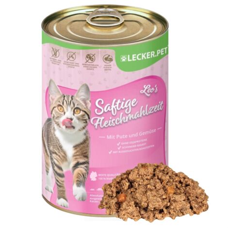 6 x 400 g Lecker.Pet® Leo's Saftige Fleischmahlzeit mit Pute & Gemüse Katzenfutter Nassfutter (1/5)