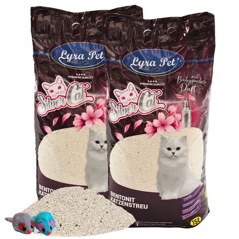 2 x 15 Liter Lyra Pet® SilverCat® Katzenstreu Bentonit mit Aktivkohle + 2 Mäuse