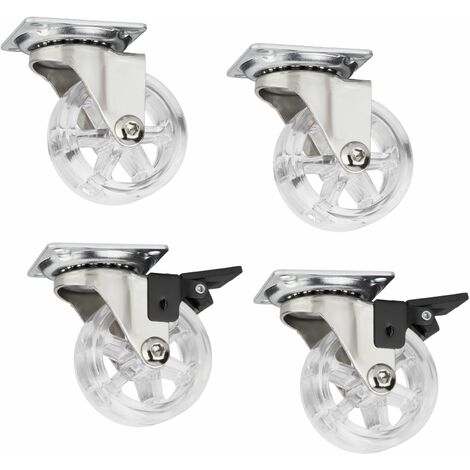 4er Set dekorative Design Möbelrollen RAPID Rollen-Ø 50 mm transparent (2 x mit Bremse + 2 ohne Bremse), Tragkraft 35 Kg, Höhe 64 mm, Möbellenkrollen von SOTECH