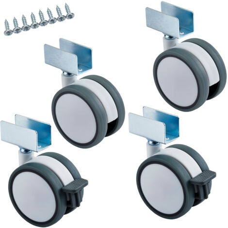 SOTECH 4er set Möbelrolle Hamm Ø 63 mm Höhe 74,5 mm, weiß/grau, 35Kg Tragkraft (2x Lenkrollen, 2x Lenkrollen mit Bremse), U-Profil für 19 mm Wandstärke, Transportrolle inkl. Befestigungsschrauben