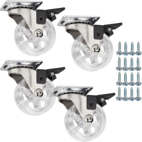 SOTECH 4 Stück Möbelrollen RAPID Ø 50 mm transparent mit Bremse (Feststeller) inkl. Schraubenset Belastbarkeit bis 140 kg (35 kg pro Lenkrolle)