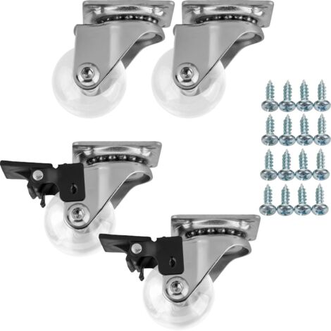 SOTECH Möbelrollen Set SWIFT Ø 35 mm transparent 2 x mit und 2 x ohne Bremse (Feststeller) inkl. Schraubenset Belastbarkeit bis 140 kg (35 kg pro Lenkrolle)