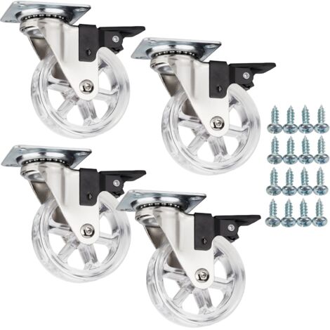 SOTECH 4 Stück Möbelrollen RAPID Ø 75 mm transparent mit Bremse (Feststeller) inkl. Schraubenset Belastbarkeit bis 140 kg (35 kg pro Lenkrolle)