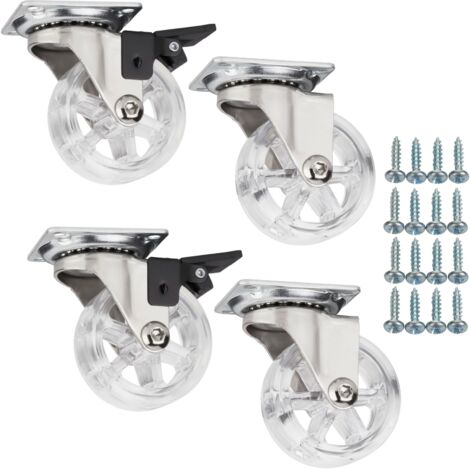 SOTECH Set Möbelrollen RAPID Ø 50 mm transparent 2 x mit und 2 x ohne Bremse (Feststeller) inkl. Schraubenset Belastbarkeit bis 140 kg (35 kg pro Transportrolle)
