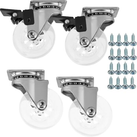 SOTECH Möbelrollen Set SWIFT Ø 50 mm transparent 2 x mit und 2 x ohne Bremse (Feststeller) inkl. Schraubenset Belastbarkeit bis 140 kg (35 kg pro Transportrolle)