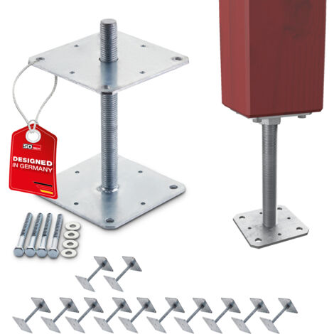 SOTECH Pfostenbeschlag Stützträger Gewinde M24 Stahl feuerverzinkt höhenverstellbar zum Aufschrauben, witterungsbeständig, 160 x 160 x 250 mm - 12 Stück