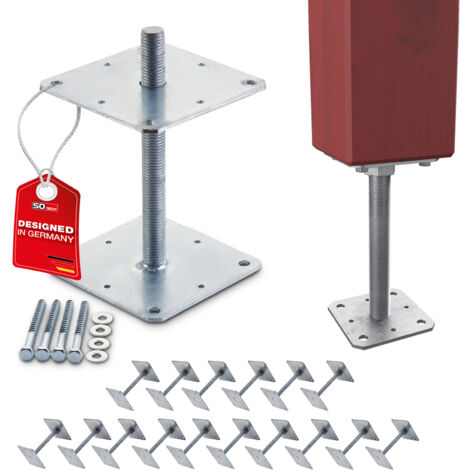 SOTECH Pfostenbeschlag Stützträger Gewinde M24 Stahl feuerverzinkt höhenverstellbar zum Aufschrauben, witterungsbeständig, 160 x 160 x 250 mm - 16 Stück