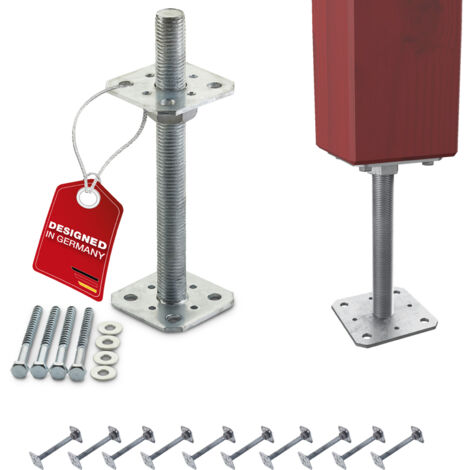 SOTECH Pfostenbeschlag Stützträger Gewinde M24 Stahl feuerverzinkt höhenverstellbar zum Aufschrauben, witterungsbeständig, 80 x 80 x 250 mm - 10 Stück