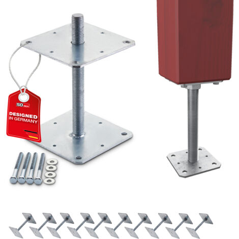 SOTECH Pfostenbeschlag Stützträger Gewinde M24 Stahl feuerverzinkt höhenverstellbar zum Aufschrauben, witterungsbeständig, 160 x 160 x 250 mm - 10 Stück