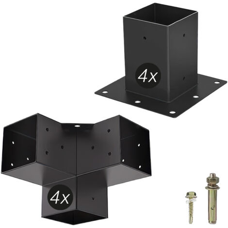 SOTECH Holzverbinder / Bodenanker vierkant, Stahl verzinkt und schwarz pulverbeschichtet für höchsten Korrosionsschutz, Aufbau SET 8-tlg (4x Eckverbinder + 4x Bodenhülse)