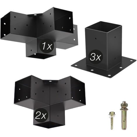 SOTECH Holzverbinder / Bodenanker vierkant, Stahl verzinkt und schwarz pulverbeschichtet für höchsten Korrosionsschutz, Anbau SET 6-tlg (2x Eckverbinder + 1x Mittelverbinder + 3x Bodenhülse)