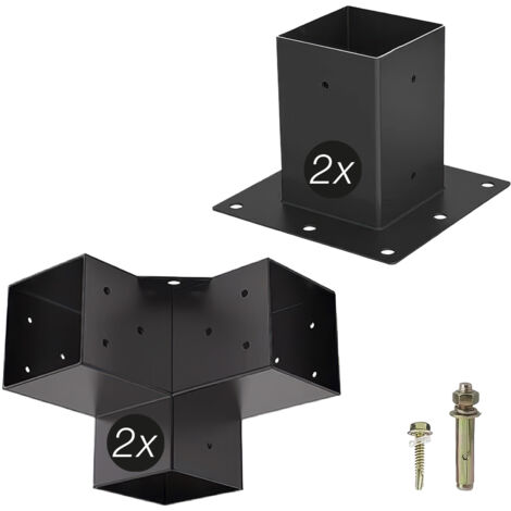 SOTECH Holzverbinder / Bodenanker vierkant, Stahl verzinkt und schwarz pulverbeschichtet für höchsten Korrosionsschutz, Anbau SET 4-tlg (2x Eckverbinder + 2x Bodenhülse)