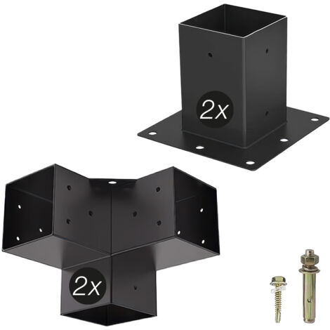 SOTECH Holzverbinder / Bodenanker vierkant, Stahl verzinkt und schwarz pulverbeschichtet für höchsten Korrosionsschutz, Anbau SET 4-tlg (2x Eckverbinder + 2x Bodenhülse)