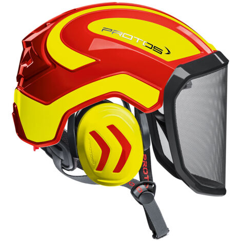 Casque de protection intégral arborist F39 rouge/jaune fluo – Normes EN 397/12492 – Visière intégrée – Amortissement des chocs – Protos