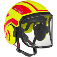 Protos – Casque forestier de protection KOX Integral Arborist F39 – Norme EPI – Coque cervicale profonde pour maintien sécurisé – Jaune fluo/rouge
