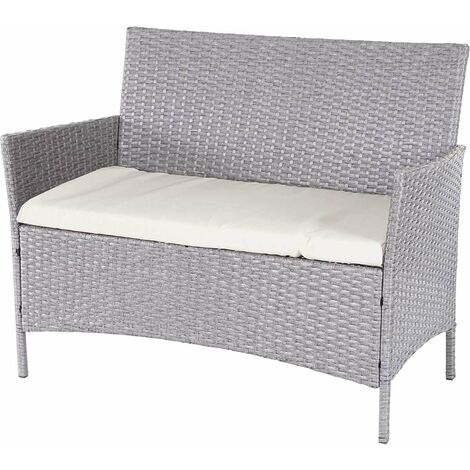 Banc de jardin banquette en polyrotin gris avec coussin crème MDJ04139 (1/3)