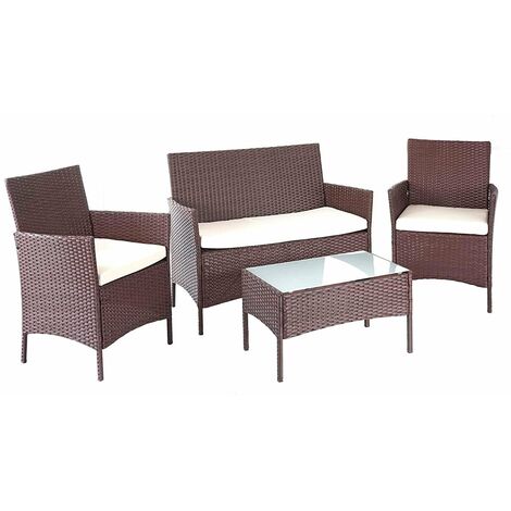 Salon de jardin avec fauteuils banc et table en poly-rotin marron et coussin crème MDJ04146 (1/5)