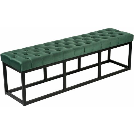 Banquette capitonné bout de lit en tissu velours vert support en métal noir 150 cm BAN10112