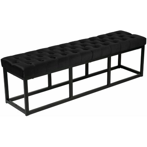 Banquette capitonné bout de lit en tissu velours noir support en métal noir 150 cm BAN10113