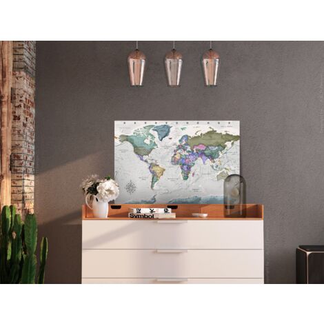 Grande Carte Du Monde Sur Toile 120x80 Cm – Bleu Avec Boussole, Décoration Murale Moderne Salon & Chambre