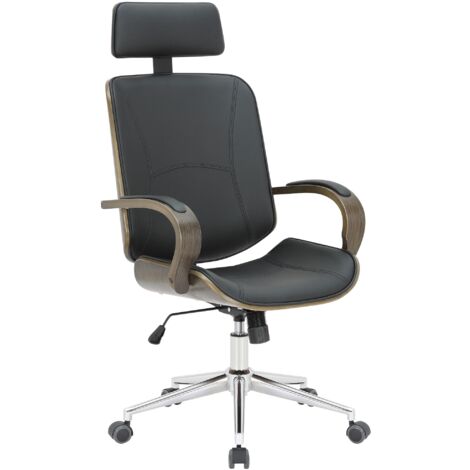 Chaise de bureau dossier et l'appuie-tête en métal PVC noir et cadre en bois gris 100002455 (1/5)
