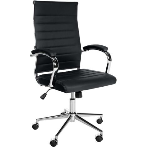 Fauteuil de bureau en cuir véritable noir surpiqûre horizontale et pieds métal chromé 100002553 (1/5)