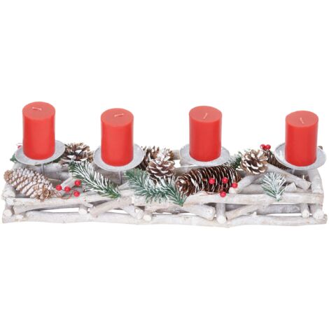 Couronne de l'avent allongée décoration de noël arrangement de l'avent bois 11 x 15 x 50 cm blanc-gris avec bougies rouges 040006547 (1/5)