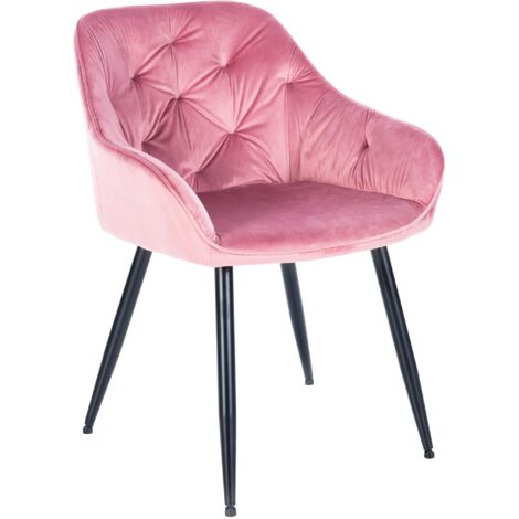 Chaise de salle à manger retro assise capitonnné en velours rose et pieds en métal noir 100005489 (1/5)