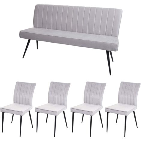 Ensemble de salle à manger 4x chaises de salle à manger et 1x banc 3 places en velours gris clair et métal 040006749 (1/5)