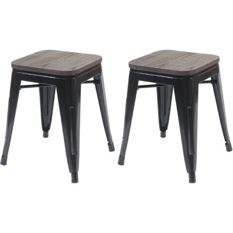 Lot de 2 tabourets assise en bois empilable design industriel en métal noir 040005215 (1/5)