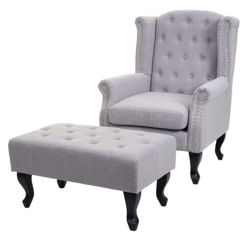 Fauteuil Chesterfield relaxation fauteuil club en tissu/textile gris avec repose-pieds 040003082 (1/5)