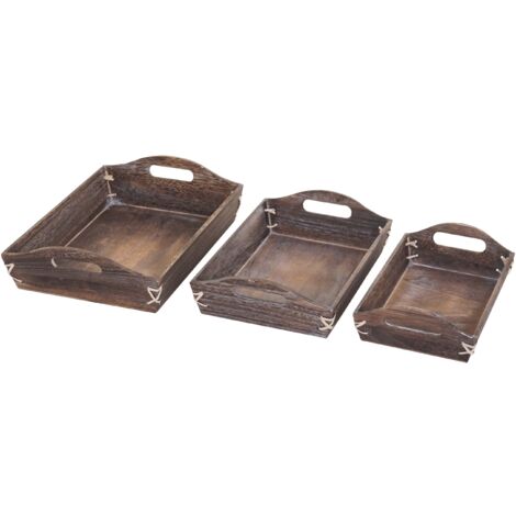 Lot de 3 plateaux de service petit-déjeuner empilable en bois marron vieilli 040003000 (1/5)