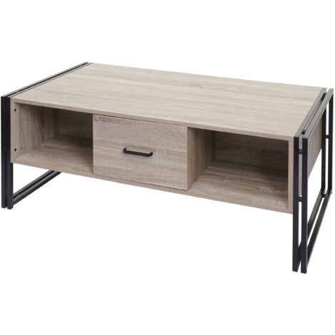 Table basse deux tiroirs et quatre compartiments de rangement 45x110x60 cm MDF aspect chêne et métal 040008424 (1/5)
