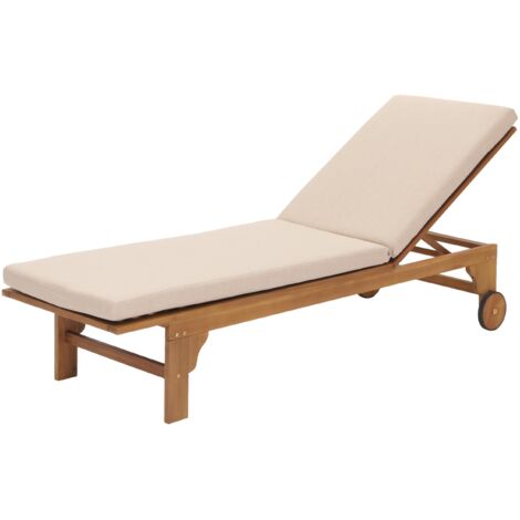 Transat de jardin chaise longue en bois et osier décoratif en polyrotin coussin crème-beige 040008607 (1/5)