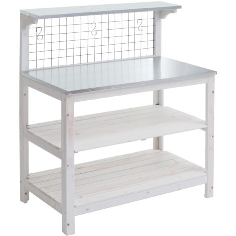 Table à plantes jardin avec 4 étagères mur grillagé en bois 117x102x56 cm blanc 040008569 (1/5)
