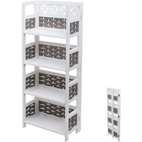 Étagère sur pied étagère de salon pliable 4 niveaux 110cm en bois et polyrotin blanc et gris 040006785 (1/5)