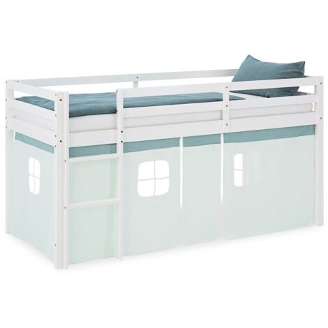 Lit mezzanine avec sommier à lattes 90x200cm avec échelle en bois laqué blanc et toile vert menthe incluse sans matelas LIT06245 (1/5)