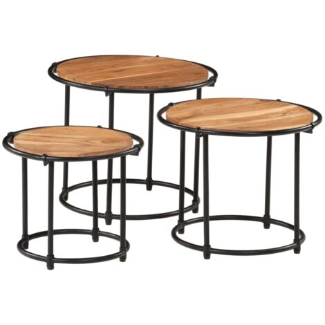 Lot de 3 tables d'appoint gigognes en bois massif d'acacia et fer DEC032708 (1/5)