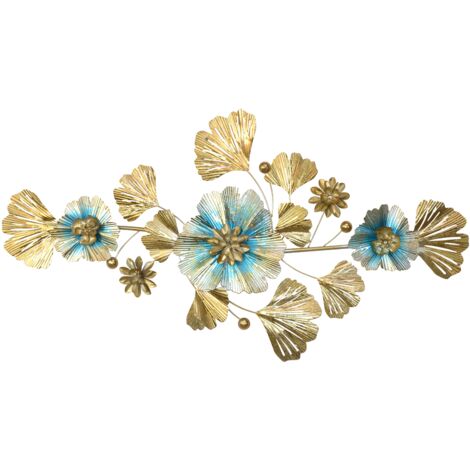 Grande décoration murale en métal – Feuilles et fleurs – Doré & bleu clair – 118 cm DEC050006